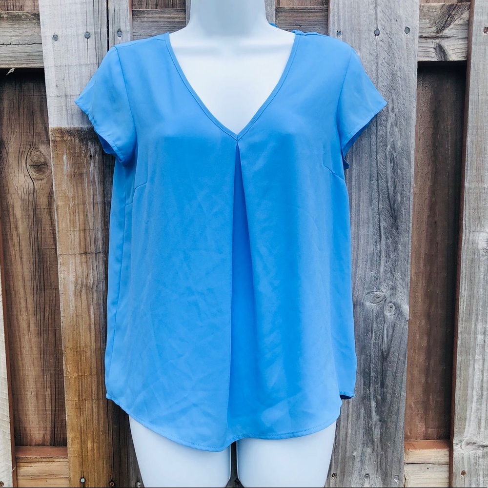 Pink Rose V Neck Blouse MEDIUM Light Blue Short Sleeve